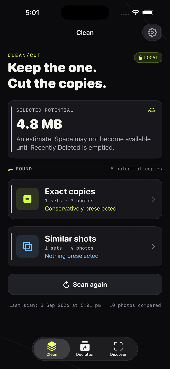 CleanCut's Clean tab showing exact copies and similar shots ready for review